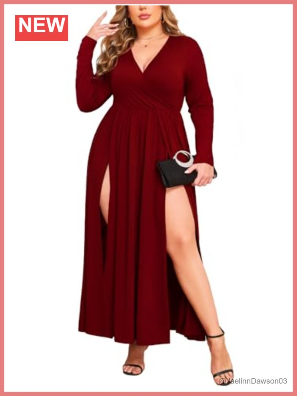 Plus Size Double High Slit Maxi Dress Wrap V-Neck Long Sleeve A-Line Formal